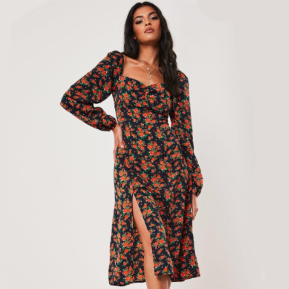 Missguided Navy Floral Print Milkmaid Dress US10
